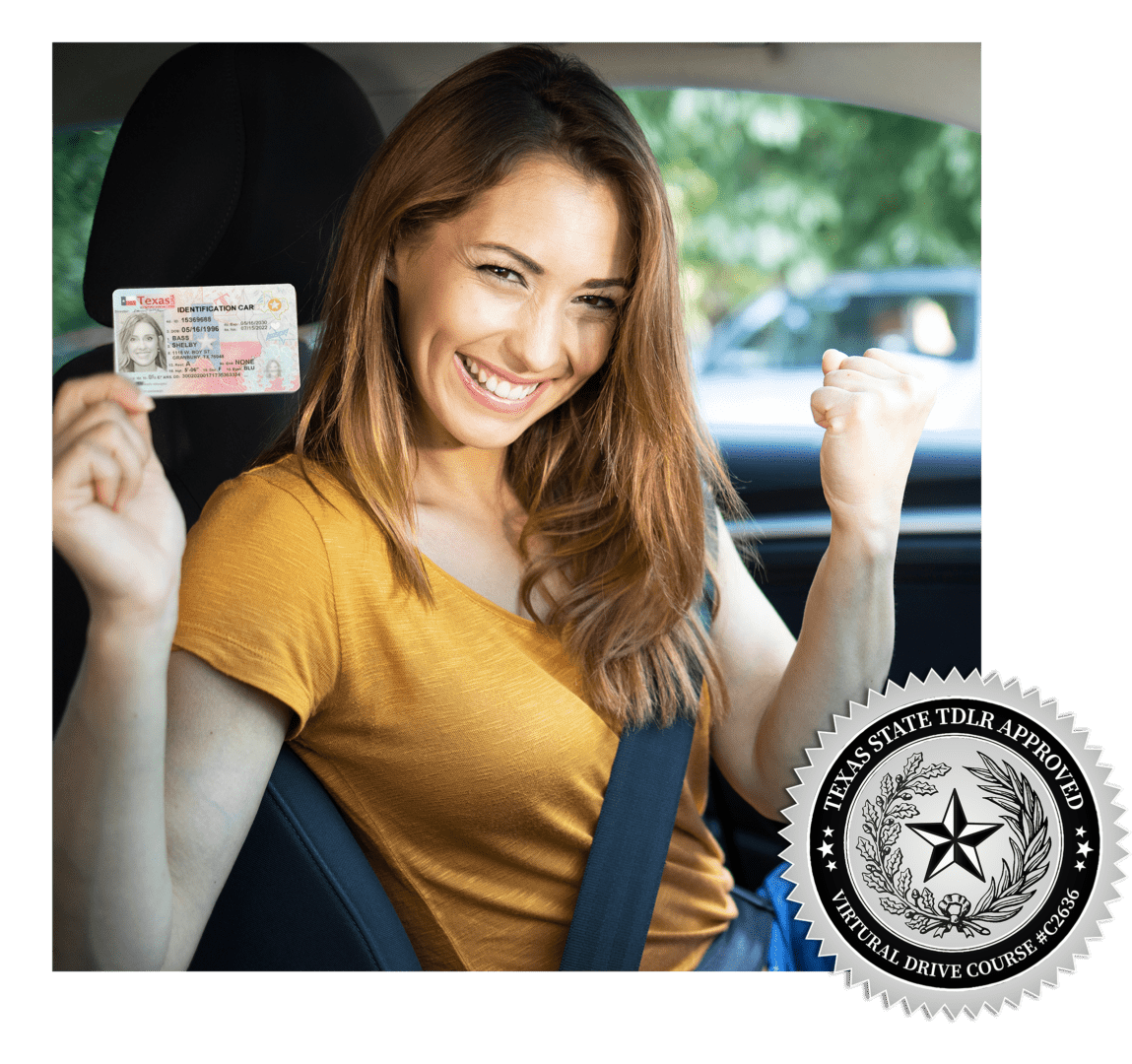 Happy young woman showing her Texas driver’s license after passing her driving test