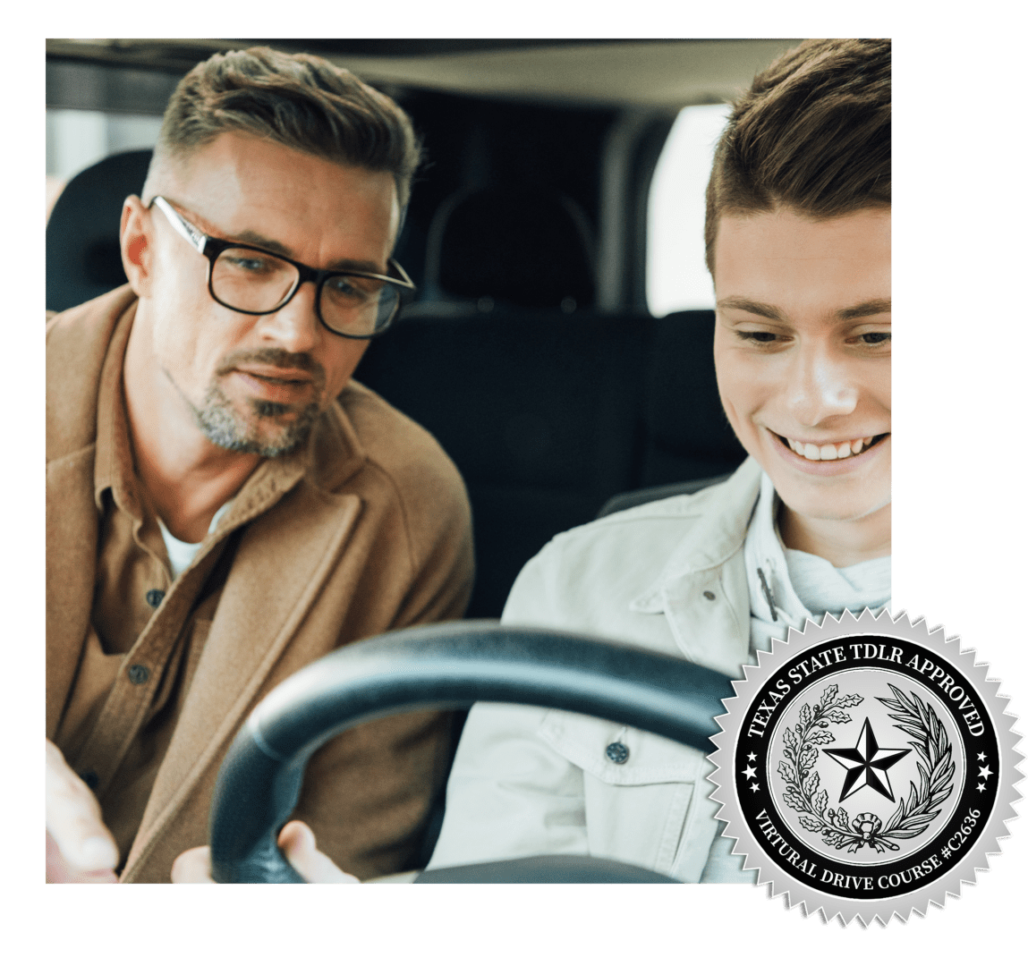 Parent guiding teen in driver’s seat on Texas behind-the-wheel training for Parent Taught Driver Education.