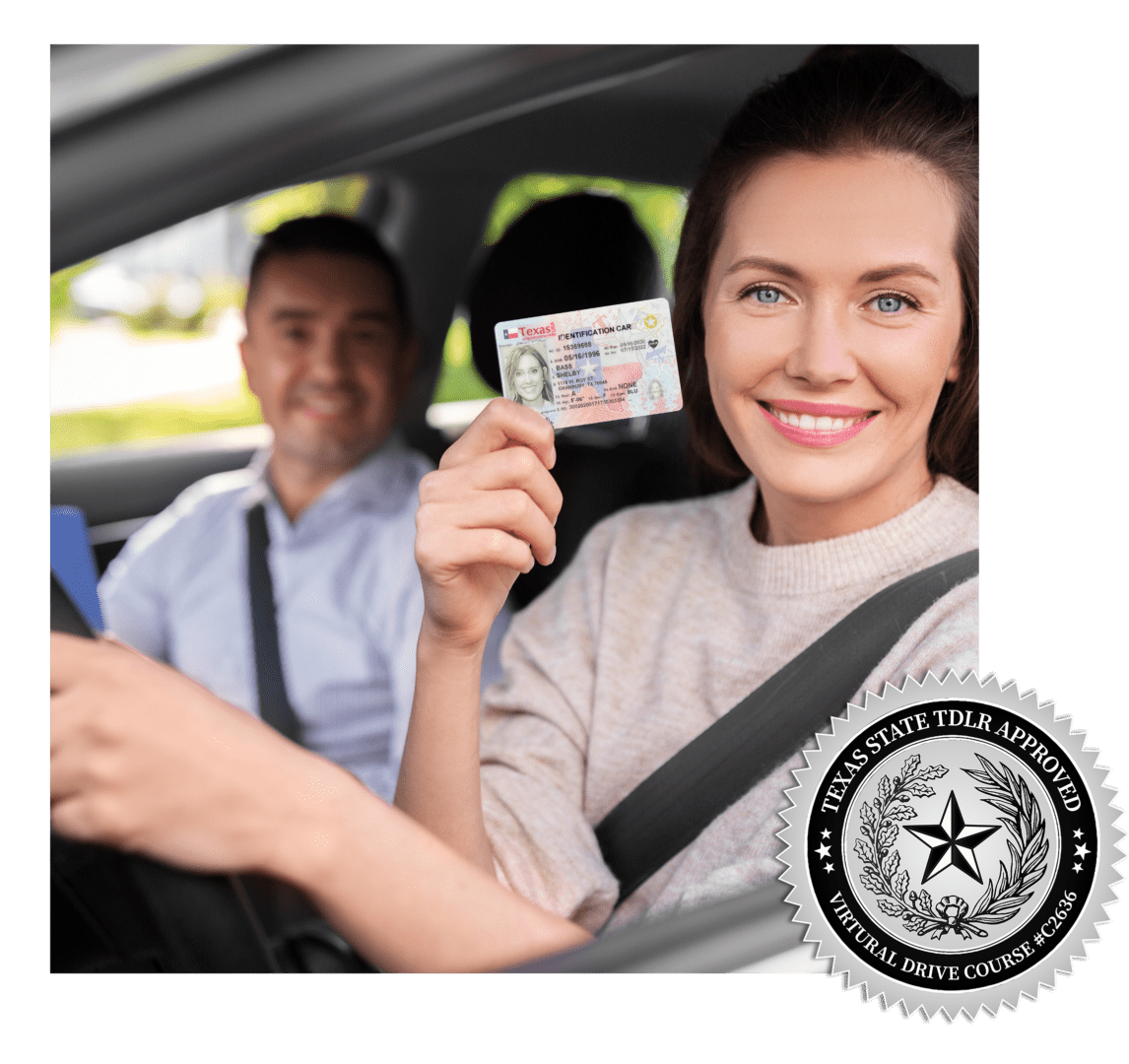 Woman holding driver’s license in car with instructor after completing Texas driver education course