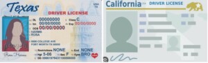 "Side-by-side comparison of California driver’s license and Texas driver’s license.