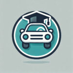Icon of a car with a graduation cap on top, visually symbolizing Driver's Education and learning in a circular and minimalistic design.