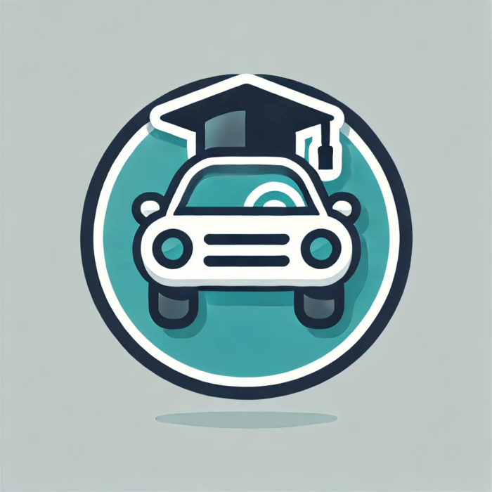 Icon of a car with a graduation cap on top, visually symbolizing Driver's Education and learning in a circular and minimalistic design.