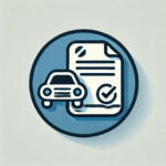 Icon of a car next to a legal document with a checkmark, symbolizing compliance with driving laws and regulations, in a circular and minimalistic design.