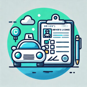 Icon of a car next to a clipboard with a checklist and a driver's license card, symbolizing driving tests and licensing, with a circular and minimalistic design.