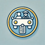 Icon of a car with two figures inside, one as an instructor with a clipboard and the other as a student, symbolizing in-car driving lessons, in a circular and minimalistic design.