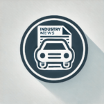 Icon of a car with a newspaper or document overlay, visually representing industry news and updates related to driving, in a circular and minimalistic design.