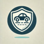 Icon of a car with a shield overlay, visually representing insurance tips and protection, in a circular and minimalistic design.