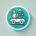 Icon of a car with a parent and young driver holding a steering wheel together, symbolizing parent-taught driver education, in a circular and minimalistic design.