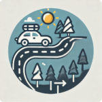 Icon of a car with luggage on top, driving along a winding road with trees and a sun, visually symbolizing road trips and travel tips in a cheerful and minimalistic design.