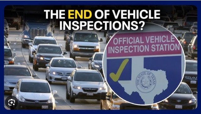 A highway with cars and an "Official Vehicle Inspection Station" sign discussing the end of Texas vehicle inspections.