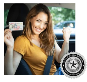 Happy young woman showing her Texas driver’s license after passing her driving test