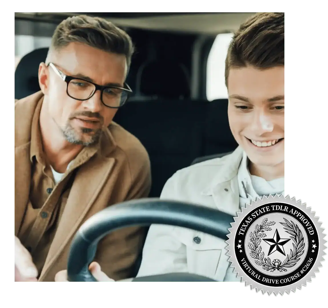 Parent guiding teen in driver’s seat on Texas behind-the-wheel training for Parent Taught Driver Education.