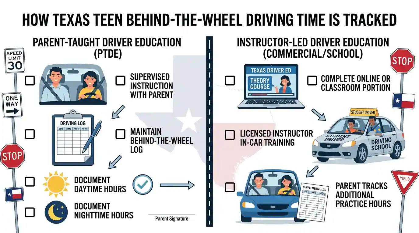 Infographic showing how behind-the-wheel driving time is logged in Texas for parent-taught and instructor-led teen driver education