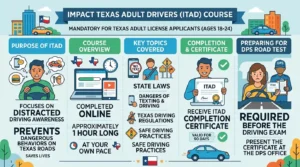 Infographic explaining the Impact Texas Adult Drivers course required for many adults before taking the Texas driving test