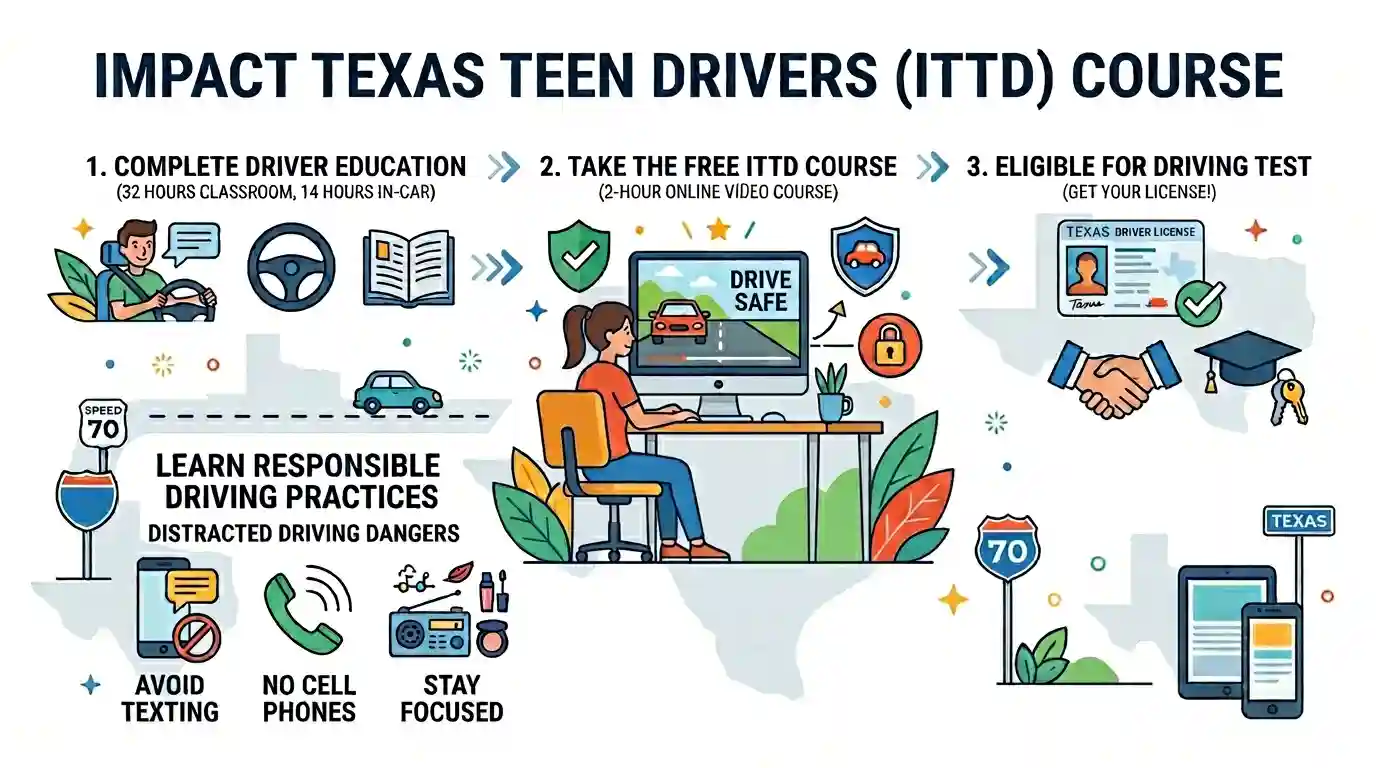Infographic explaining the Impact Texas Teen Drivers course required before the Texas teen driving test