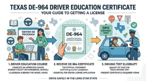 Infographic explaining the Texas DE-964 driver education certificate required for teen driver licensing