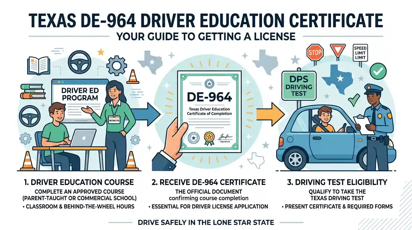 Infographic explaining the Texas DE-964 driver education certificate required for teen driver licensing