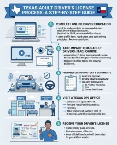 Texas adult driver’s ed steps including online course, ITAD, driving test, and DPS license process